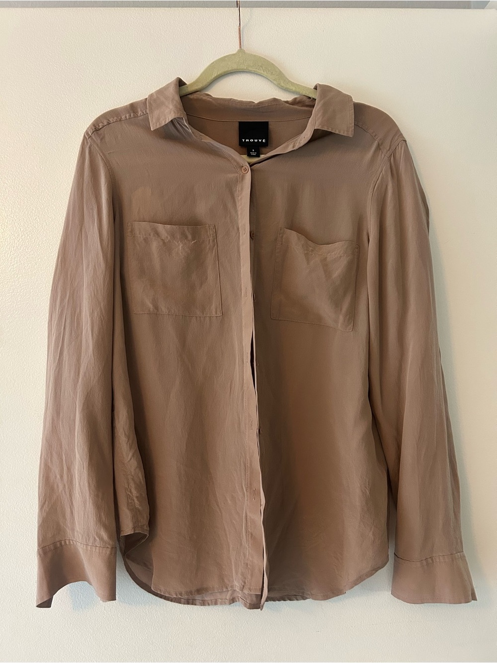 100% Silk Long Sleeve Button-Up Shirt in Taupe